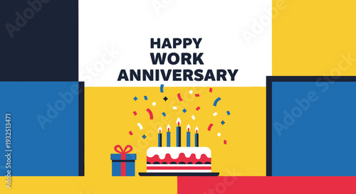 Celebratory work anniversary graphic with cake and confetti silhouette