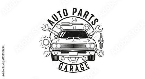 Classic Muscle Car Auto Parts Garage Logo Design Illustration.