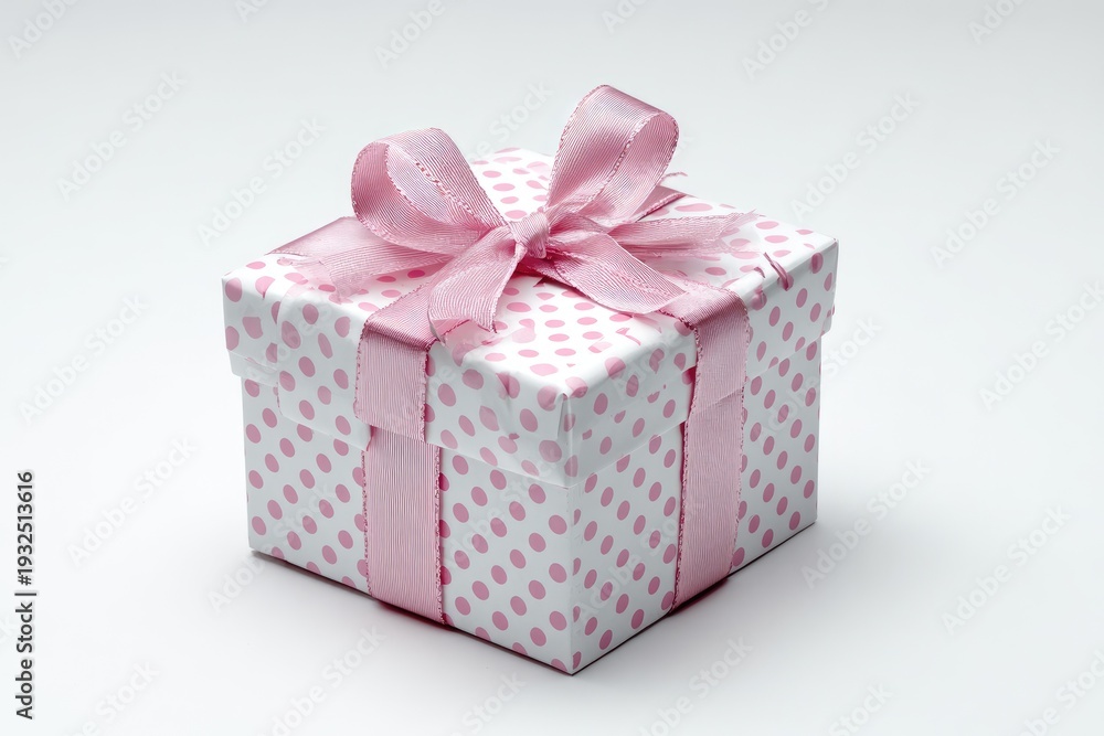 Obraz premium Pink polka dot gift box with ribbon bow