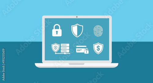 Laptop displaying security icons padlock shield and fingerprint silhouette