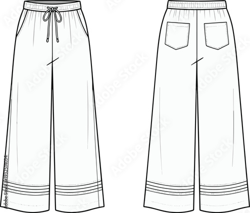Women wide leg pants technical fashion flat sketch, front and back view, elastic waistband drawstring trousers with pockets, detailed stitching vector illustration