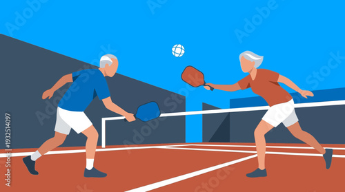 Senior Fitness Duo Playing Tennis on Outdoor Court