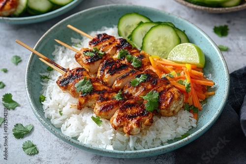grilled chicken skewers with sticky glaze on steamed rice bowl with cucumber slices, pickled carrots, lime wedge and fresh cilantro, bright inviting and comforting