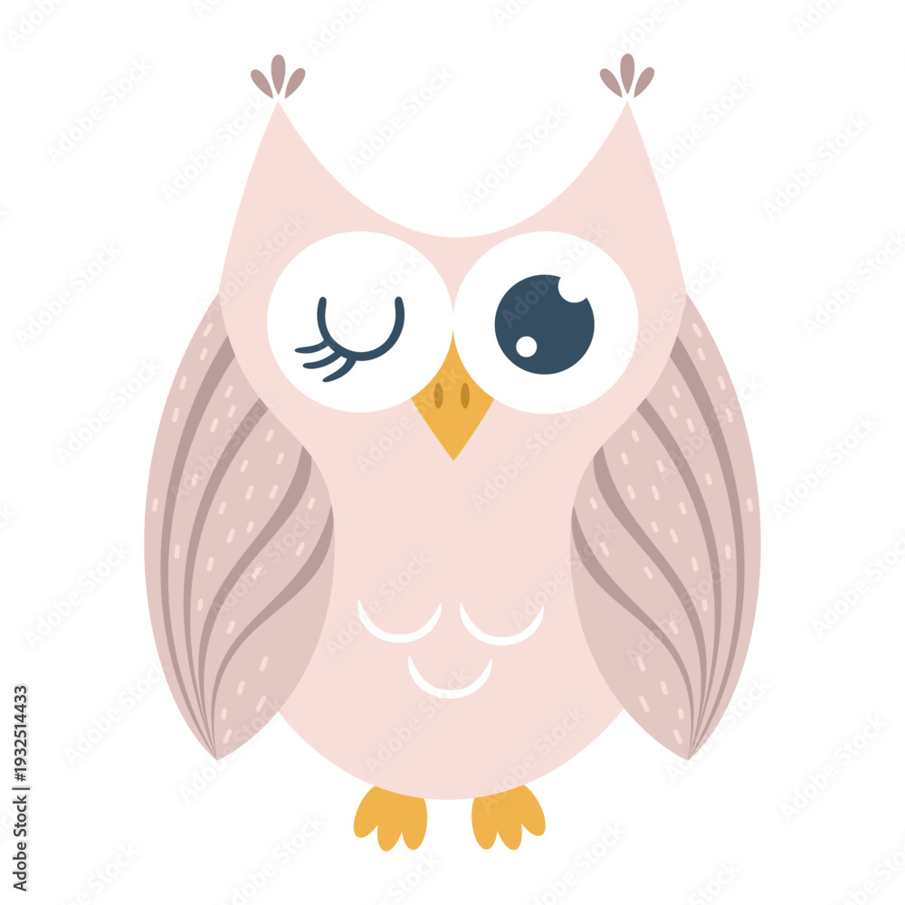 Fototapeta premium Cartoon Pink Owl Illustration. Kawaii Woodland Character Clipart. Cute Night Bird, Kids Hand Drawn Vector Design.
