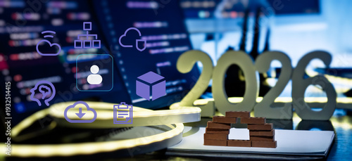 AI Cloud Architecture and User Workflow Concept with 2026 Desk Setup, Code Screens and Tech Interface Icons