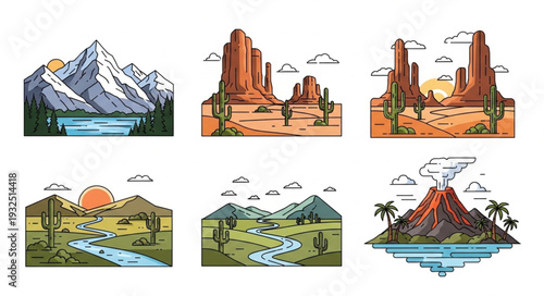 Diverse landscape illustrations showcasing mountains, deserts, and volcanic islands with unique features.