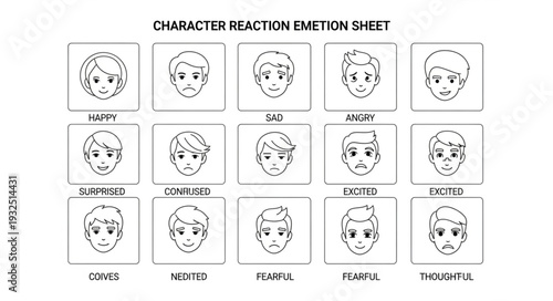 Character Emotion Sheet Depicting Various Facial Expressions and Feelings.