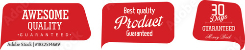 Red labels with promotional text on white background