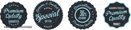 Four black and teal premium quality labels on a white background