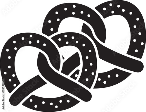 Black and white image of two pretzels with salt dots on a transparent background, savory snack food item, classic German bread knot baked