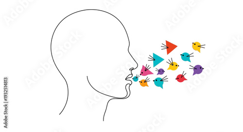 Abstract human head profile with colorful shapes and birds emitting from mouth