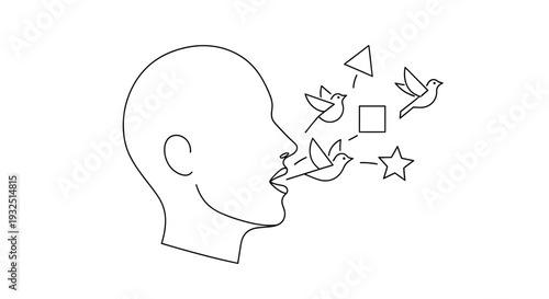 Abstract thought concept: Head with birds flying out, representing ideas and imagination