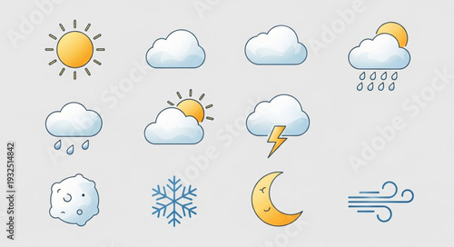 Weather Icons Depicting Various Atmospheric Conditions and Celestial Bodies in a Set.