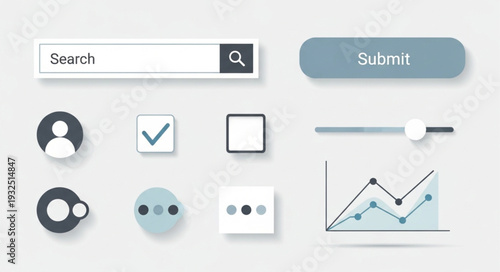 Interface elements for web design, including search bar and buttons, modern style.