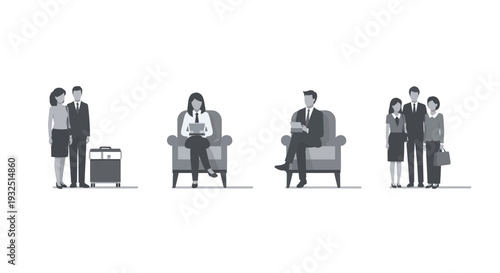 Business Meeting and Couple with Luggage, Isolated on White