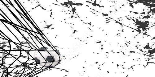 Black and white vector illustration of a soccer ball amidst a gray textured background with abstract lines. Simple yet dynamic design, ideal for soccer-related materials,