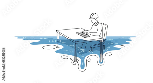 Engineer working at desk submerged in water, concept of water management and research