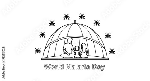 Family protected by mosquito net from malaria, World Malaria Day concept