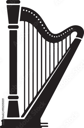Elegant black silhouette of a classical harp, a stringed musical instrument, isolated on checkered background for music and art themes.