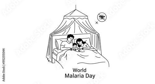Family Protected by Mosquito Net in Bed, World Malaria Day Concept