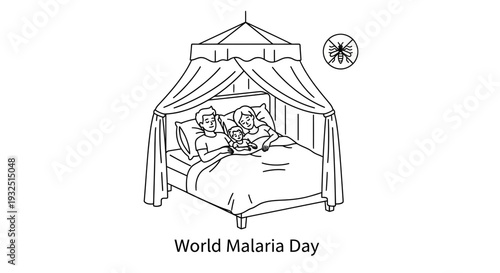 Family in bed with mosquito net, World Malaria Day concept