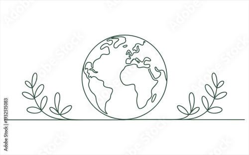 Earth globe with leaves line art environmental concept
