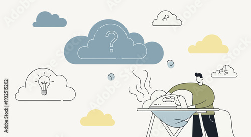 Man ironing clothes with question mark cloud overhead, idea lightbulb cloud