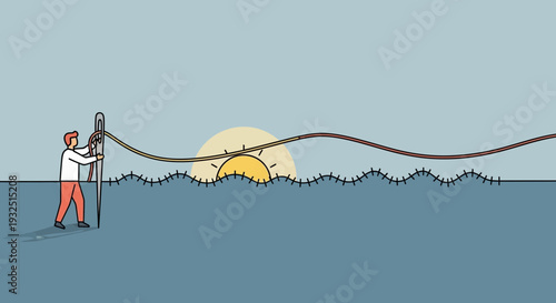 Man sewing horizon line with needle and thread, sun rising over sea