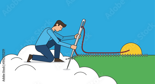 Man sewing the sun onto the horizon, symbolizing creation and hope, illustration