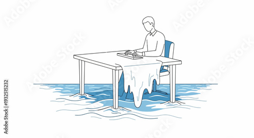 Man working at desk flooded by water, concept of overwhelm or crisis
