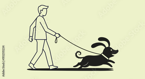 Man walking his happy dog on a leash, simple line art illustration