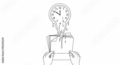 Melting Clock Dripping on Papers, Hands Holding Paper, Time Management Concept