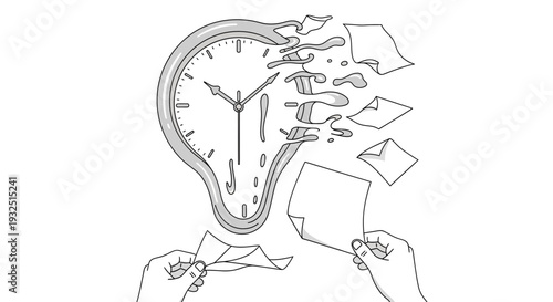 Melting Clock, Hands Tearing Paper, Surreal Time Concept, Abstract Illustration