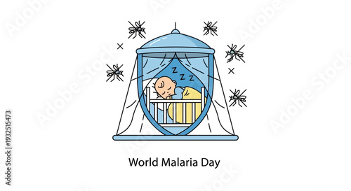 Sleeping baby protected in mosquito net from buzzing insects