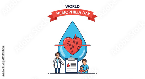 World Hemophilia Day Awareness Concept: Doctor, Father, Child, Blood Drop, Heartbeat