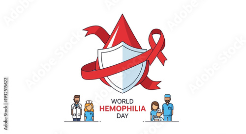 World Hemophilia Day Awareness Concept with Blood Drop, Shield, Ribbon and Medical Staff
