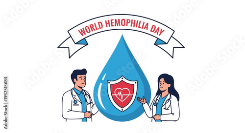 World Hemophilia Day Awareness: Doctors, Blood Drop, Heartbeat Shield