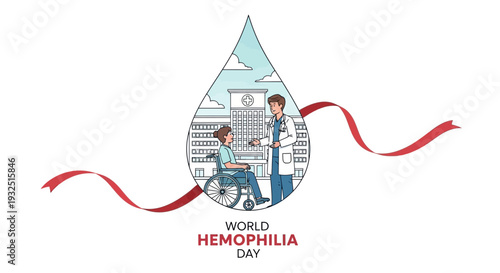 World Hemophilia Day: Doctor Consults Patient in Wheelchair Inside Blood Drop