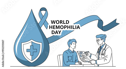 World Hemophilia Day: Doctor Consults Patient with Blood Drop and Ribbon