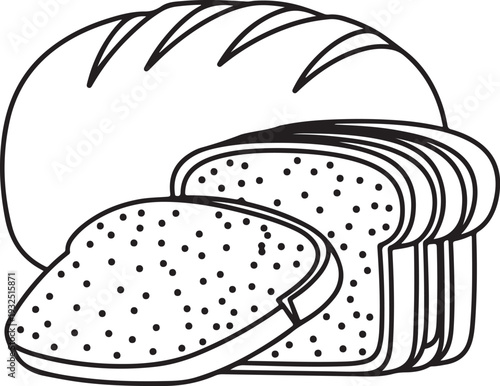 Line art illustration of a loaf of bread and several slices of bread on a transparent background, fresh baked staple food, healthy eating