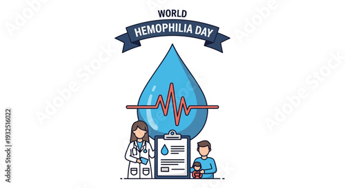 World Hemophilia Day: Doctor, Patient, Blood Drop Icon, Heartbeat