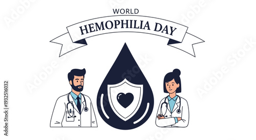 World Hemophilia Day: Doctors, Blood Drop, Shield with Heart Icon