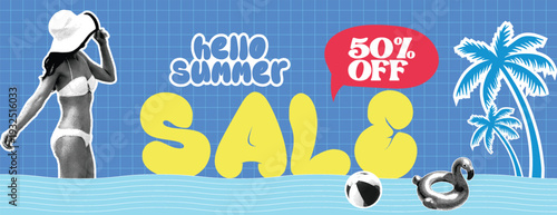 Retro vintage pop art comic style halftone collage summer holiday vacation banner for social media cover header Summer sale banner with halftone female figure in bikini and palm trees background