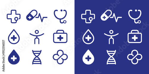 medical healthcare icon set with cross pill stethoscope dna and hospital symbols collection in blue and white theme