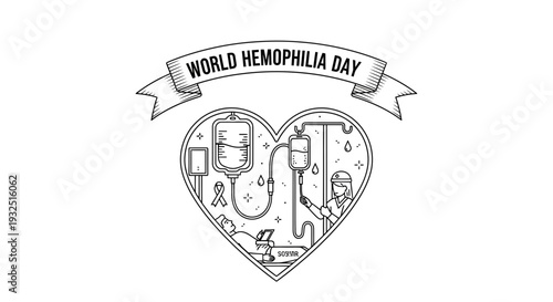 World Hemophilia Day Heart Icon: Medical Care, Infusion, Ribbon, Nurse, Patient