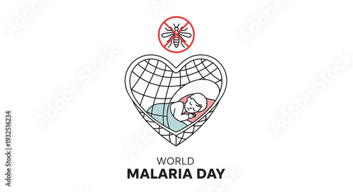 World Malaria Day: Child sleeping protected by mosquito net inside heart shape