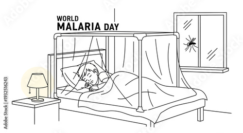 World Malaria Day: Child Sleeping Safely Under Mosquito Net, Mosquito Outside