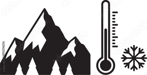 Mountain winter landscape icon with high thermometer and snowflake representing cold weather conditions for outdoor adventure trekking and climbing tourism