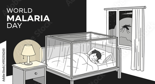 World Malaria Day: Child sleeps safely under mosquito net, preventing insect bites at night.