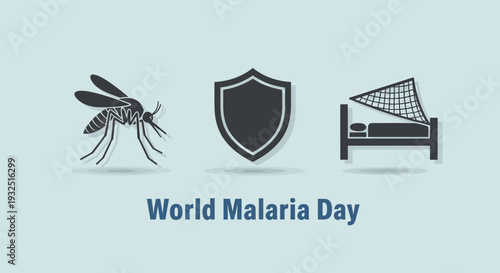 World Malaria Day Concept: Mosquito, Shield, Bed Net and Protection